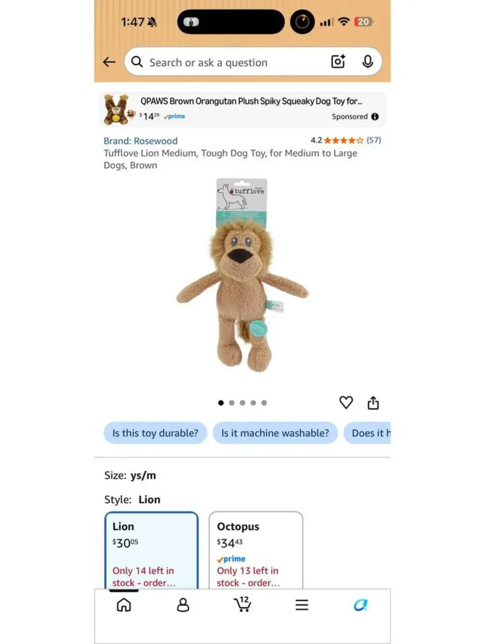 Tufflove Small Lion Plush Dog Toy with Squeaker
